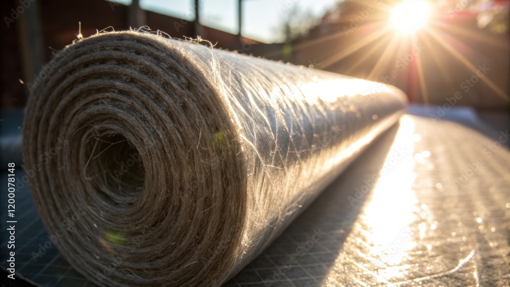 Poster A closeup of a rolledup insulation material being unwrapped with sunlight streaming in creating a lens flare that accentuates the fibers as they are exposed to the air.