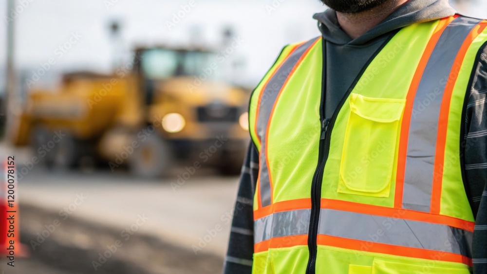 Poster a closeup of a safety vest worn by a construction worker with a prominent reflective stripe highligh