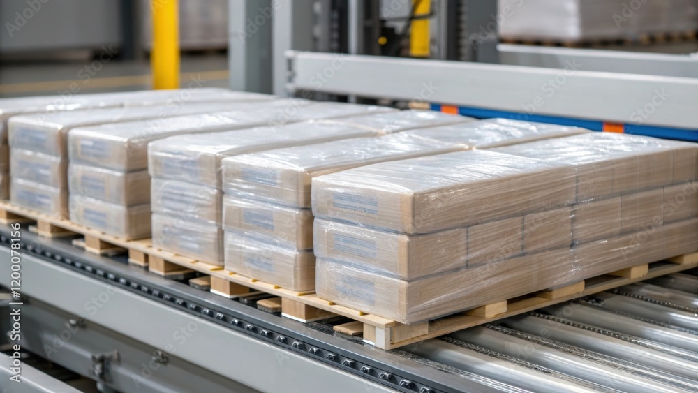 Poster A closeup of a pallet covered with wrapped goods illustrating the finished aspect of the automated palletizing process with a focus on the complete layers and uniformity.
