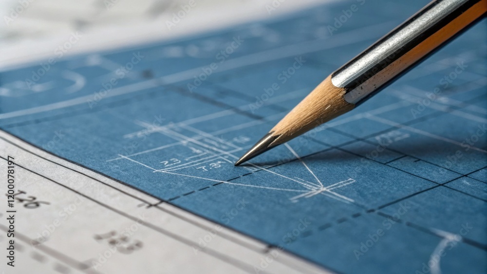 Poster A closeup of a pencil tip hovering just above a blueprint poised to mark a crucial point with faint grid lines and construction symbols in the background.