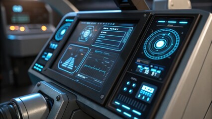 Obraz premium A closeup of a robotic arms control panel featuring glowing touchscreen displays with vivid graphs and operational statuses set in a hightech environment.