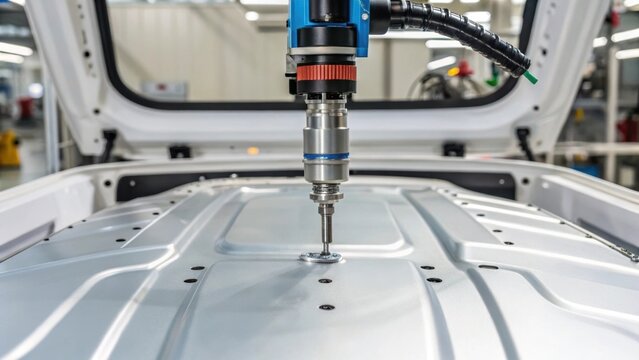 A closeup of a robotic machine applying adhesive to seams on a vehicle capturing the precision and controlled application of manufacturing processes.