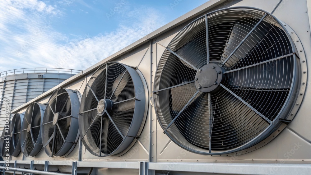 Poster a closeup of a set of large industrial fans mounted on the exterior of a cooling tower focusing on t