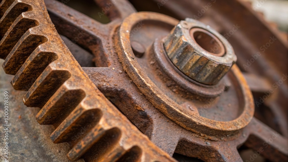 Poster a closeup of a rusted metal gear wheel showing intricate teeth and signs of corrosion suggesting the