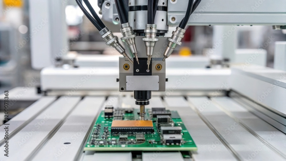 Aufkleber A closeup of a robotic gripper finely designed with multiple sensors gripping a delicate electronic circuit board in a highprecision assembly environment.