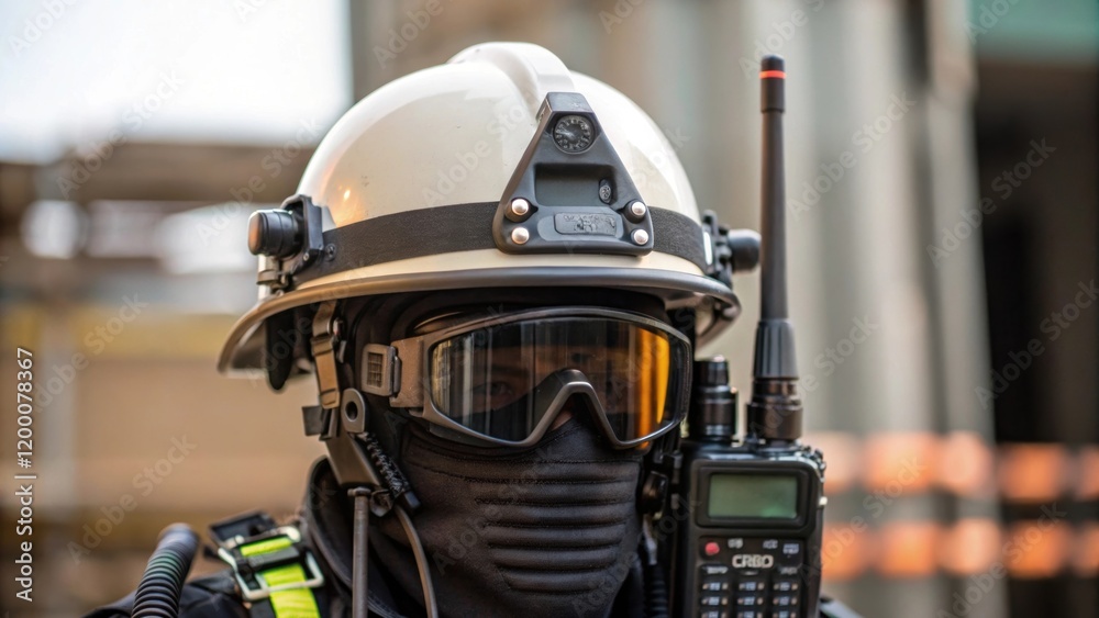 Poster a closeup of a safety helmet adorned with advanced communication gear highlighting the attention to 