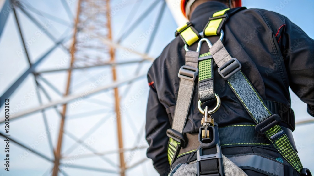 Poster A closeup of a safety harness attached to a worker showcasing the intricate ss and clips while they prepare to ascend a transmission tower.