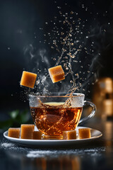 Amber Sugar Cubes Splash Into a Hot Beverage With Dynamic Movement and Rich Colors