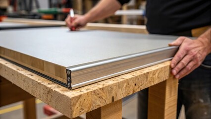 A closeup of a panels edge being carefully p onto a wooden support emphasizing the precision required in handling large heavy materials.