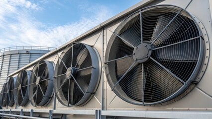 A closeup of a set of large industrial fans mounted on the exterior of a cooling tower focusing on the engineering and materials used for effective air circulation.