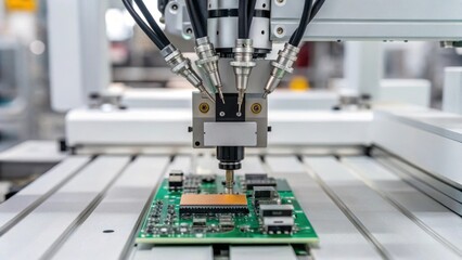 A closeup of a robotic gripper finely designed with multiple sensors gripping a delicate electronic circuit board in a highprecision assembly environment.