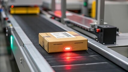 A closeup of a sensor detecting the presence of an item on the conveyor highlighting the technology used to trigger the labeling process.