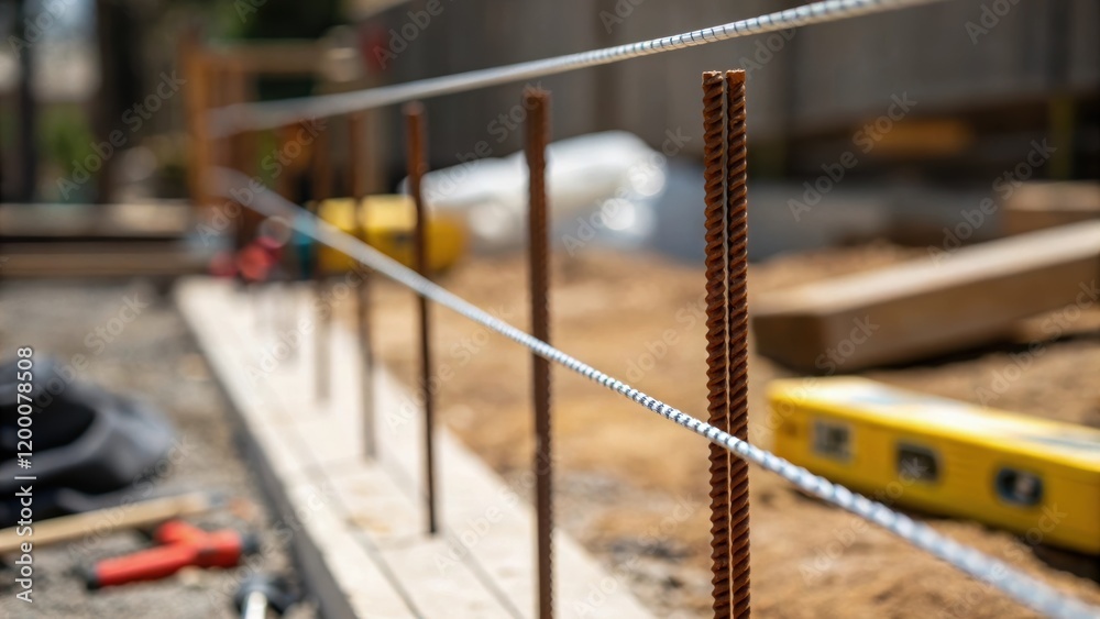 Aufkleber A closeup of a string line tightly strung between stakes showcasing the precision needed in construction with construction tools and materials blurred in the background.
