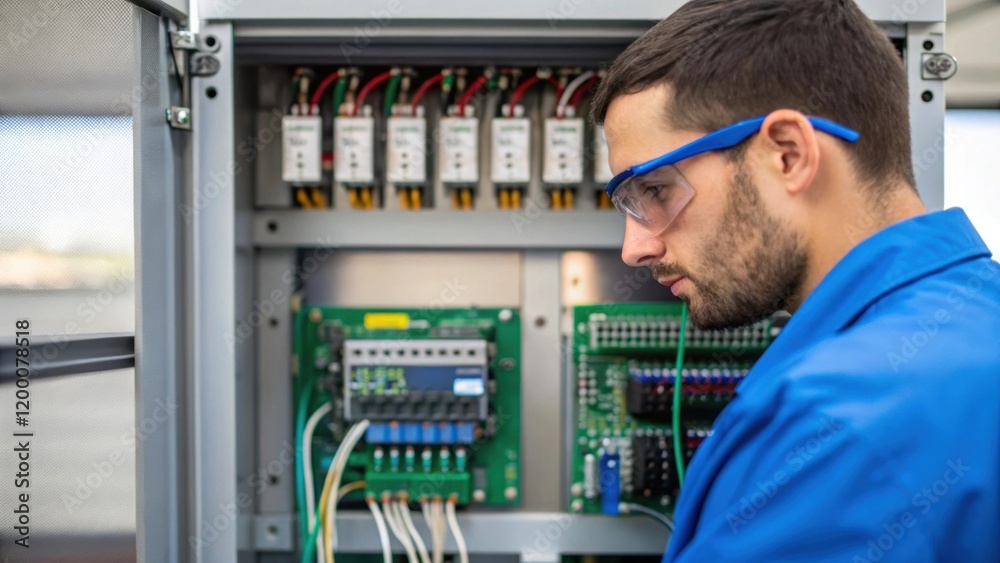 Aufkleber A closeup of a technician checking the wiring connections on the back of an automated weighing unit with an array of circuit boards and components in sharp focus.