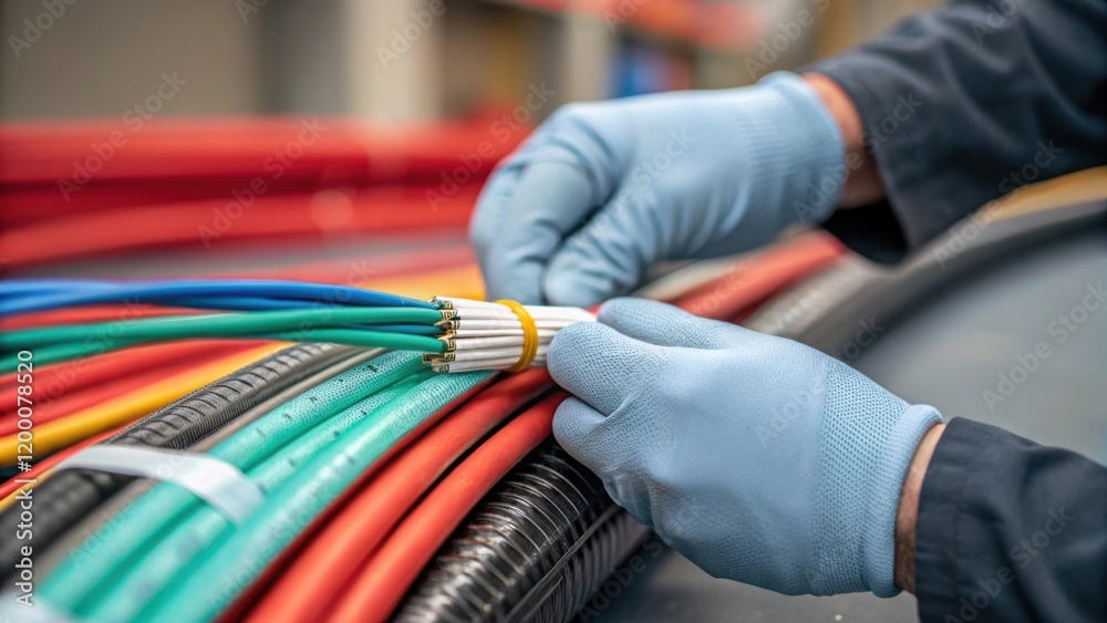Poster a closeup of a technicians hands wearing gloves as they apply specialized adhesive to layers of mate