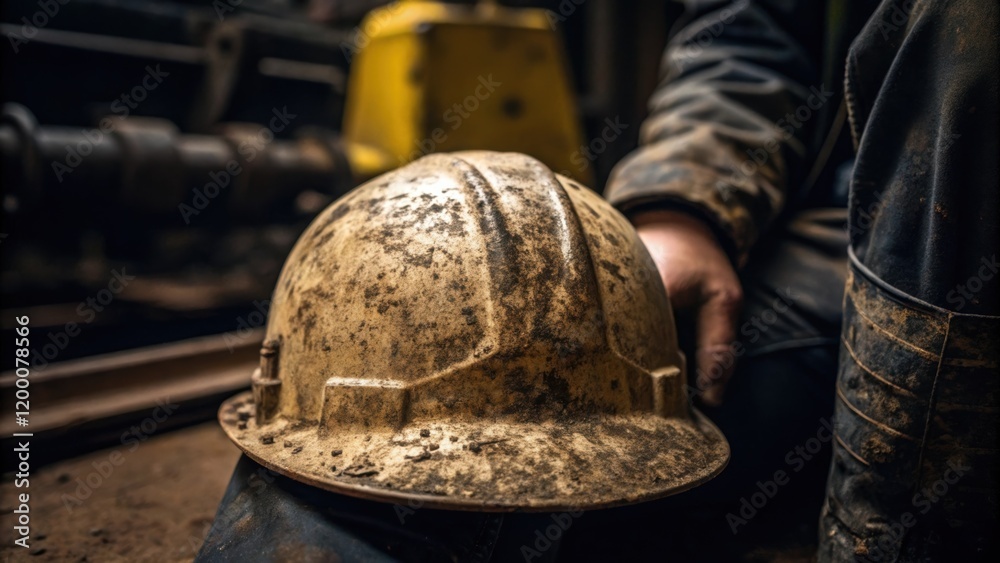 Aufkleber A closeup of a sy mudsplattered helmet resting on a mining operators knee with the faint sound of machinery echoing in the background.