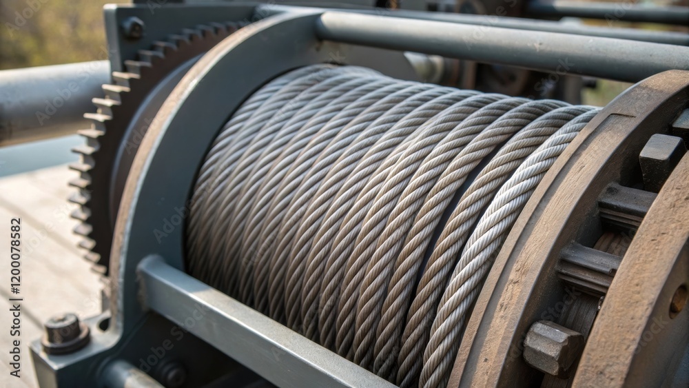 Aufkleber A closeup of a spooling device pulling on a thick cable highlighting the tension and mechanical precision involved in the winding process.