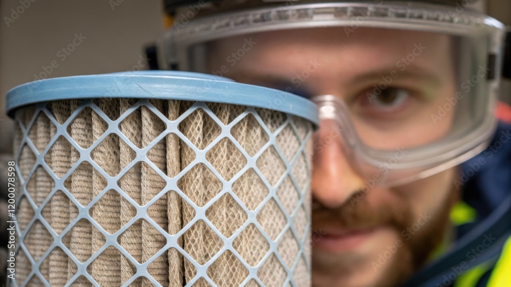 Poster A closeup of a technician wearing safety goggles closely inspecting a mesh filter with fibers and debris vividly highlighted against the backdrop.