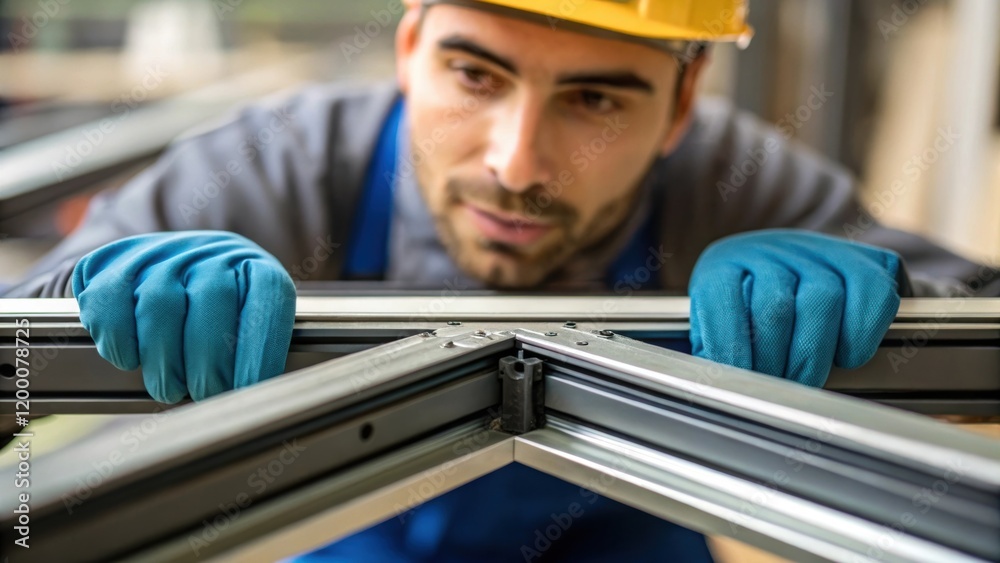 Aufkleber A closeup of a worker inspecting the panels frame analyzing the materials and structure emphasizing the engineering required for stability and efficiency.