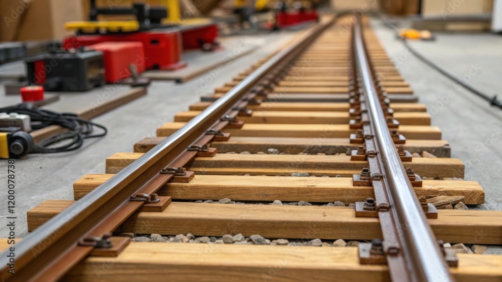 Poster a closeup of a train track being installed showcasing wooden ties and steel rails laid out with prec