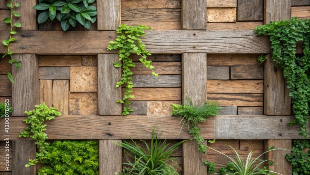 Poster a closeup of a textured wooden frame adorned with sustainable materials interspersed with pockets of