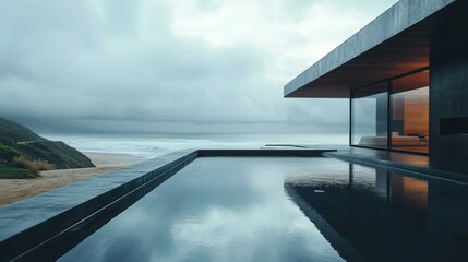Fototapeta premium Modern house located near the beach with swimming pool reflecting the sky, background wallpaper AI generated image