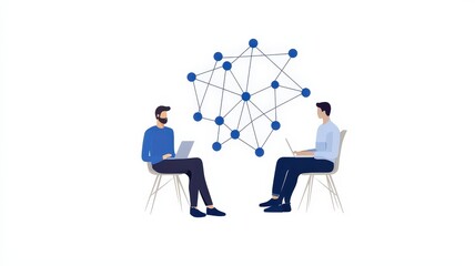 Digital Workforce and Management concept. Two professionals collaborate on laptops, surrounded by a network diagram representing connectivity and communication.