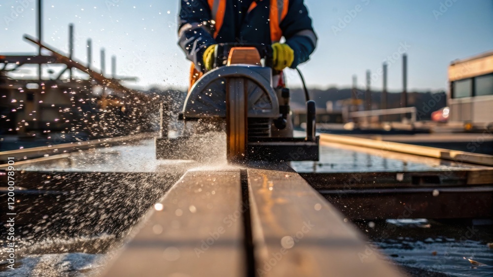 Aufkleber A closeup of a worker operating a power saw droplets of water splashing up from the dock construction site highlighting the interaction of machinery and environment.
