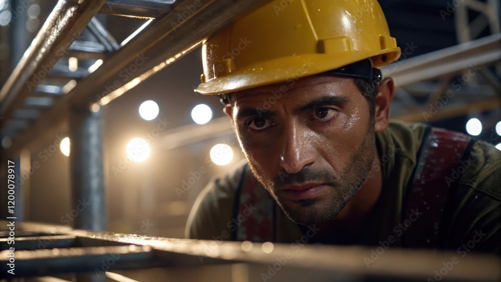 Aufkleber A closeup of a workers brow furrowed in concentration sweat glistening under the site lights illustrating the effort involved in assembling prefabricated structures.