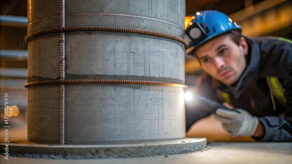 Poster a closeup of a worker leaning against a large cylindrical base analyzing the seam where the concrete
