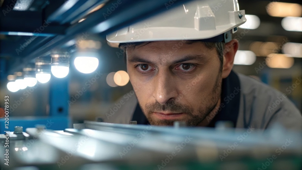 Poster A closeup of a workers face filled with concentration as they inspect a component under bright factory lights reflecting dedication to quality control.