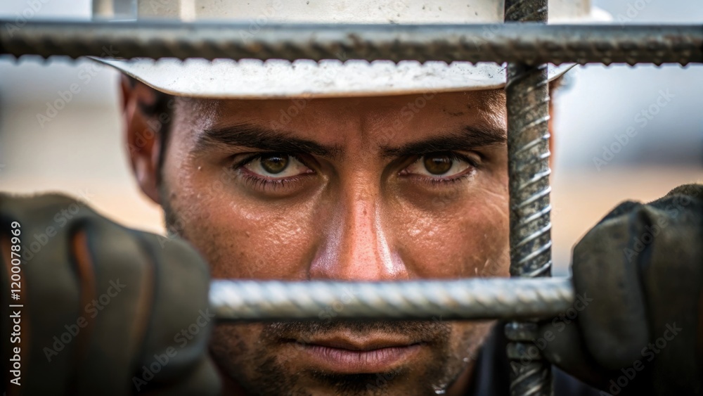Poster a closeup of a workers face focused on aligning rebar sweat glistening on their brow highlighting th
