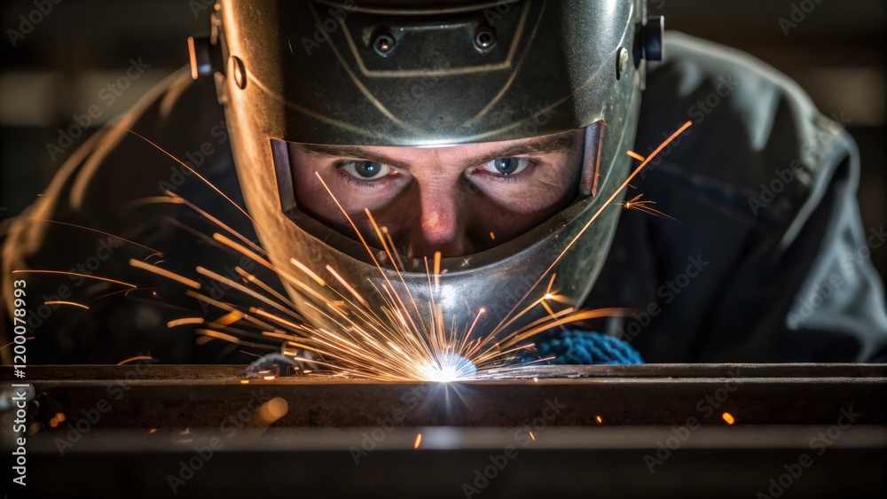 Poster a closeup of a workers face showing concentration as they weld metal parts of the silo together with