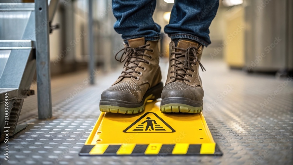 Poster a closeup of a workers feet in steeltoed boots stepping over a caution sign on the floor showcasing 
