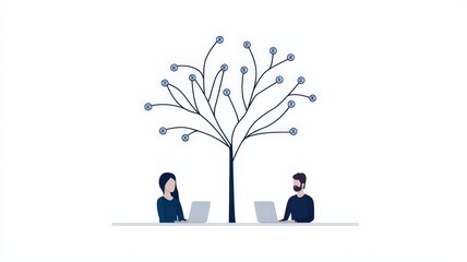 Digital Workforce and Management concept. Two people working on laptops beneath a stylized tree with branches and flowers.