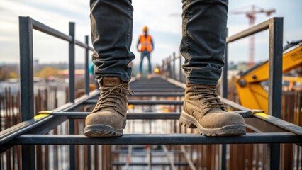 A closeup of a workers boots on a metal frame standing firmly as they assess the construction site symbolizing stability and safety in a dynamic environment.