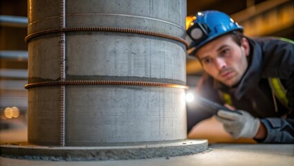 A closeup of a worker leaning against a large cylindrical base analyzing the seam where the concrete meets the steel.