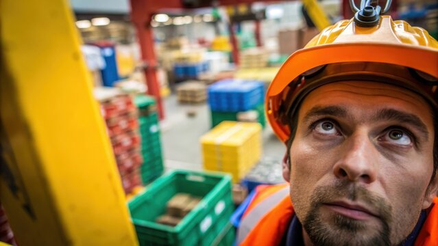 A closeup of a workers face displaying concentration as they oversee the cranes operation framed by the colorful chaos of warehouse inventory surrounding them.