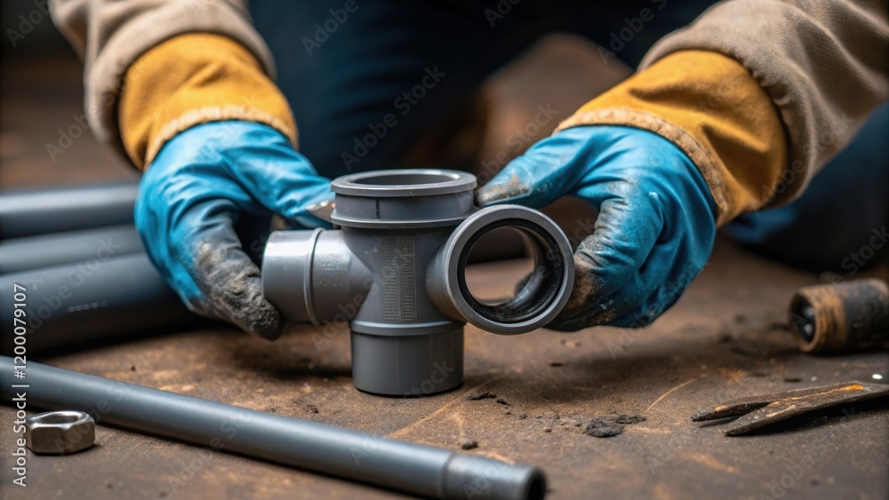 Poster a closeup of a workers hands gloved in rubber carefully inspecting the quality of a pipe fitting bef