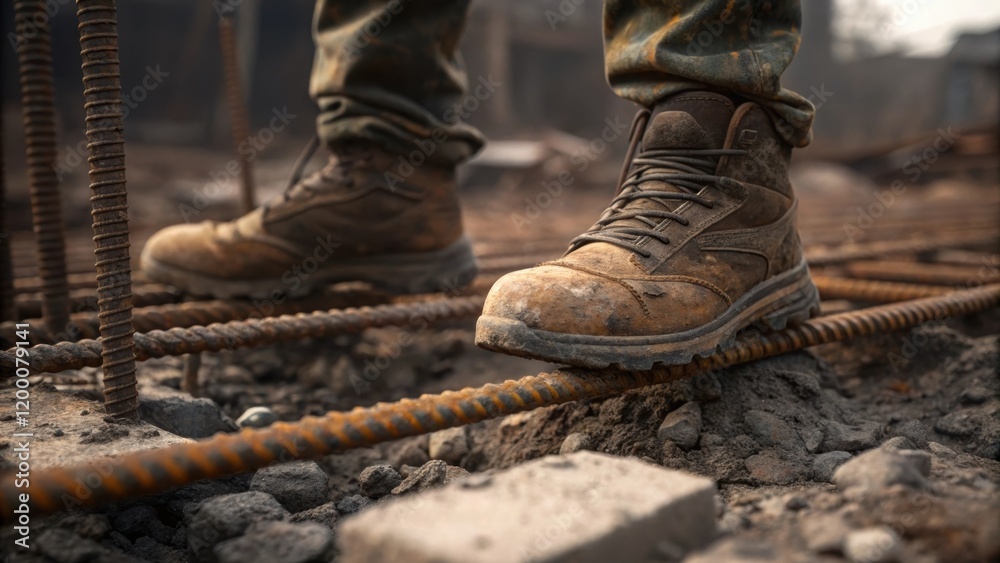 Poster A closeup of a workers muddy boots stepping over twisted rebar and concrete chunks symbolizing the gritty realism of the demolition process on the ground.