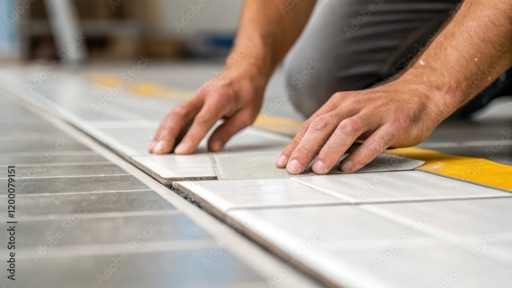 Aufkleber A closeup of a workers hands meticulously applying a layer of adhesive to secure sterile flooring tiles highlighting precision and attention to detail in maintaining a clean