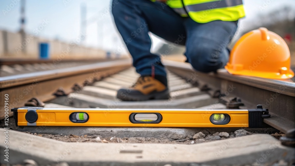 Aufkleber A closeup of a workers knee on the ground inspecting the alignment of tracks using a level tool surrounded by tered safety equipment.