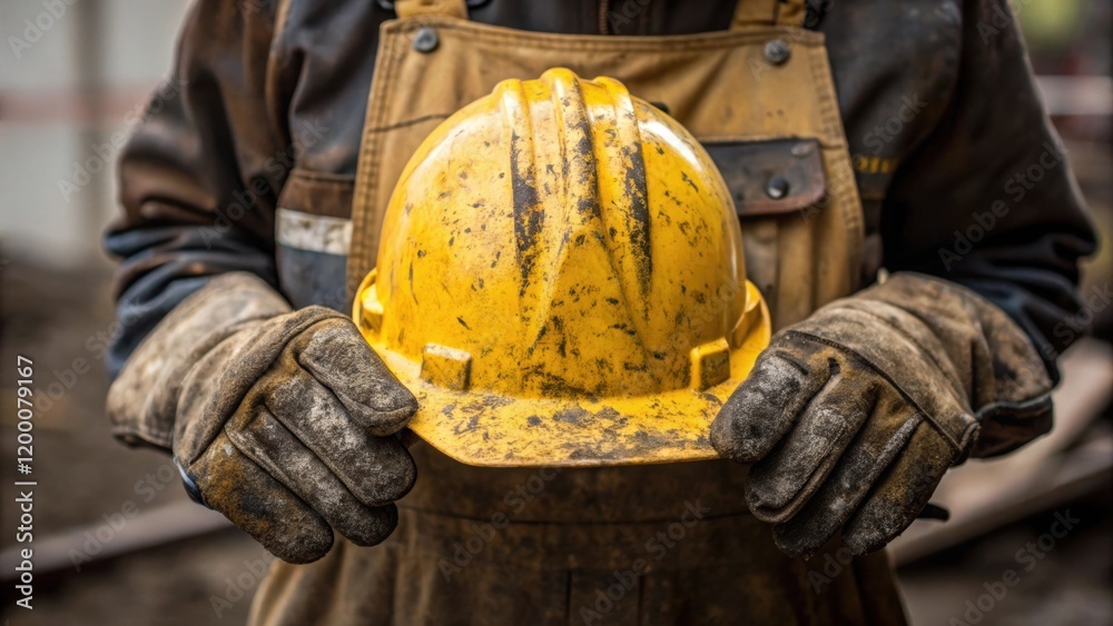 Poster a closeup of a workers protective geargloves and hard hatwith muddy streaks symbolizing the grit and