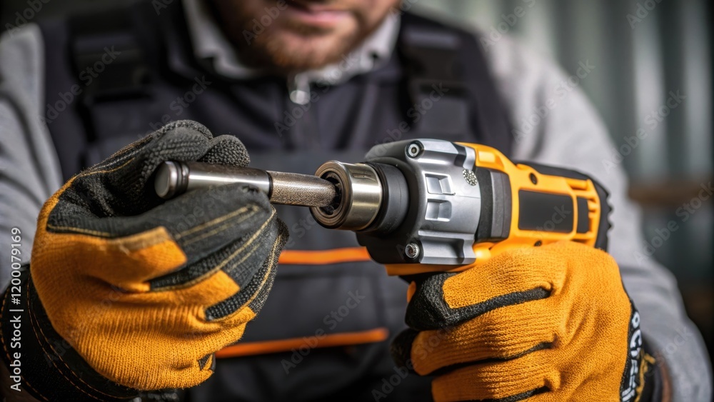 Poster A closeup of a worker tightening a bolt with a batterypowered impact wrench showcasing the intricate details of their gloves and the tools design emphasizing precision in assembly.