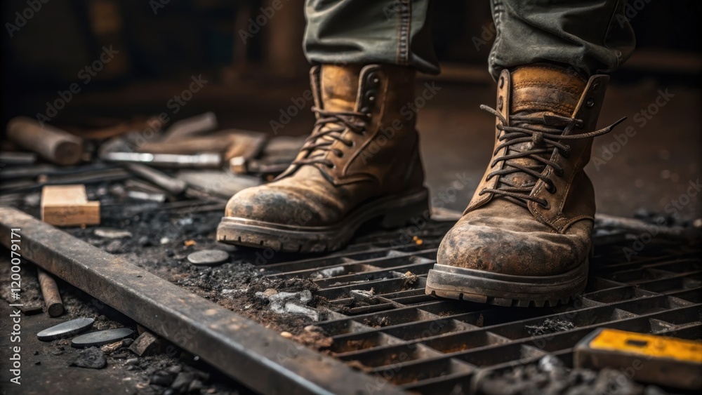 Poster A closeup of a workers rugged boots standing on a metal surface with discarded scraps and tools tered around creating a gritty atmosphere.