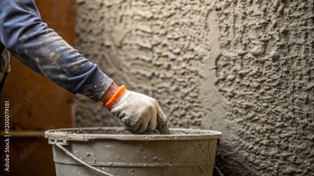 Poster a closeup of a workers sleeve as they mix a bucket of concrete with the textured gritty surface of t