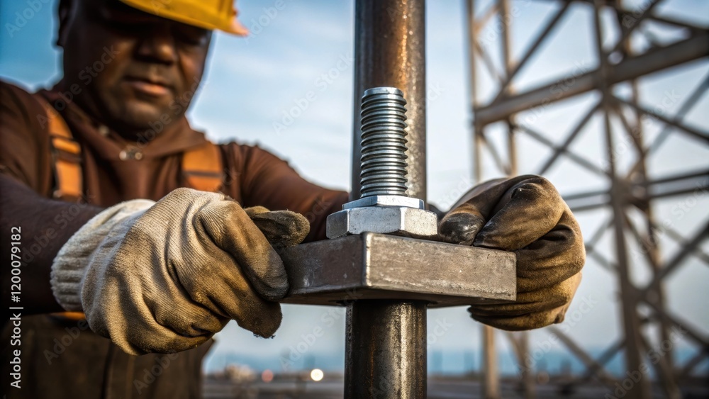 Poster a closeup of a worker tightening a nut on a steel bracket with greasestained hands and a focused exp