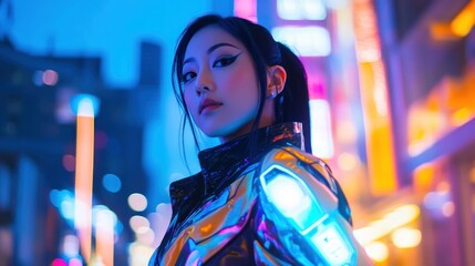 Fototapeta premium An Asian cosplayer in shining futuristic cyberpunk clothing and high-tech accessories, background wallpaper AI generated image