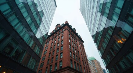 Fototapeta premium Architectural contrast of historic red brick building surrounded by modern glass skyscrapers in urban setting