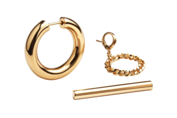 Elegant gold jewelry pieces displayed, showcasing hoop earrings, a chain link pendant, and a slender bar necklace
